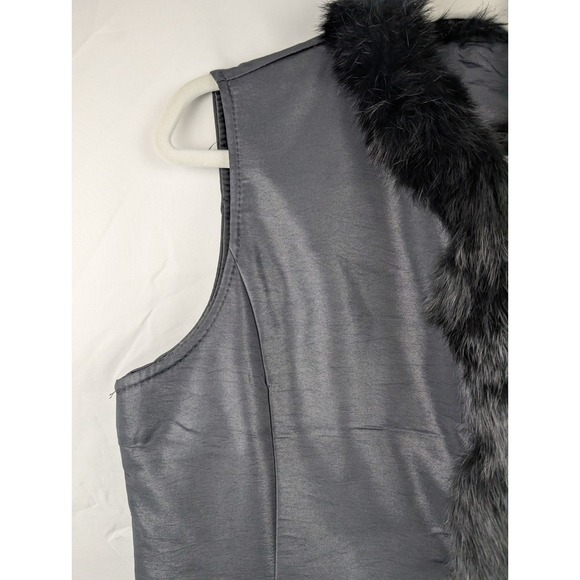 Black Rabbit Fur Trimmed Vest Womens M Embellished Floral Applique Elegent Party - Picture 5 of 10